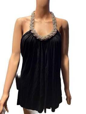 Spense Black Sleeveless Halter Top with Silver Beaded Neckline